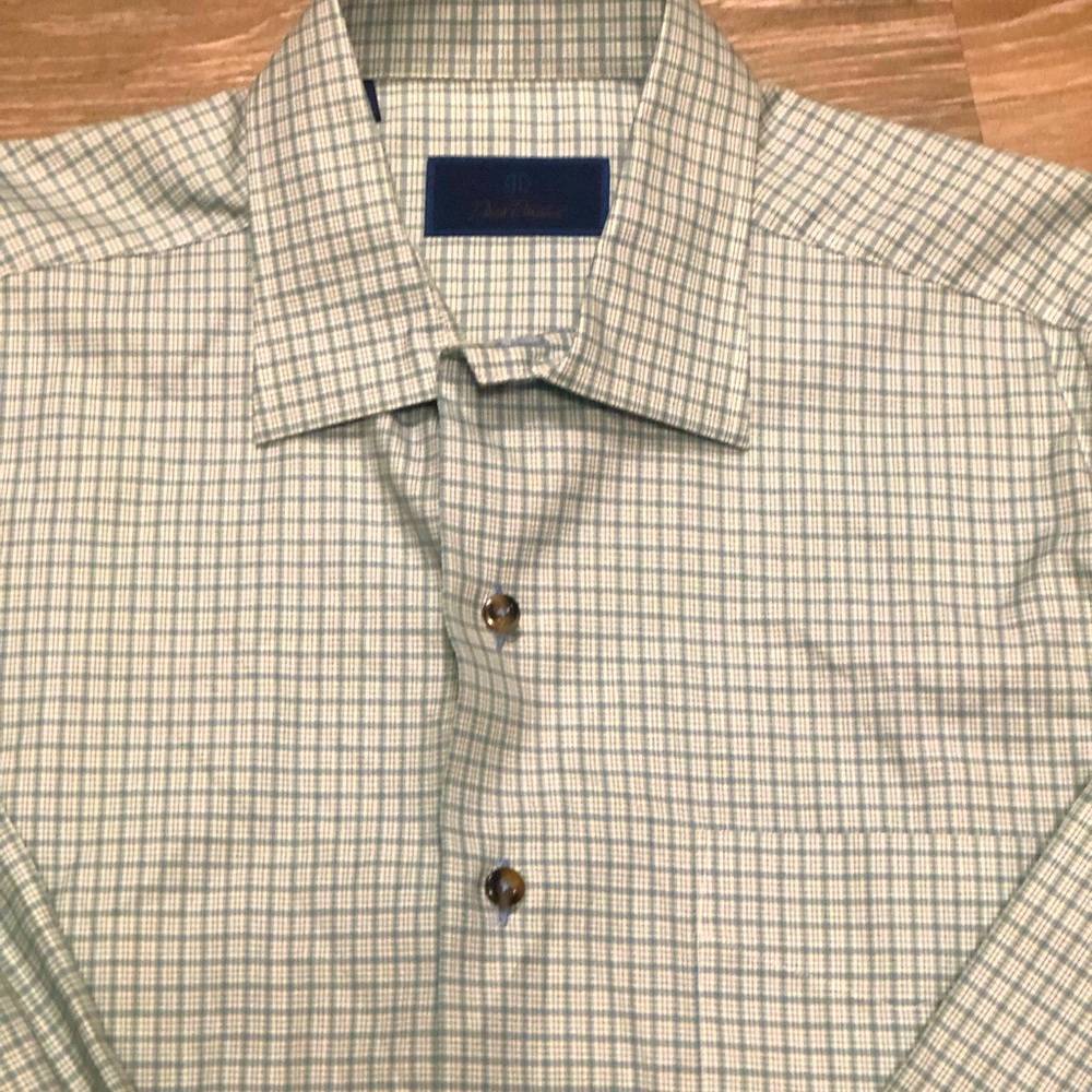 David Donahue Men’s Size‎ Large L Dress Shirt Blue/Teal Button Down Micro Check